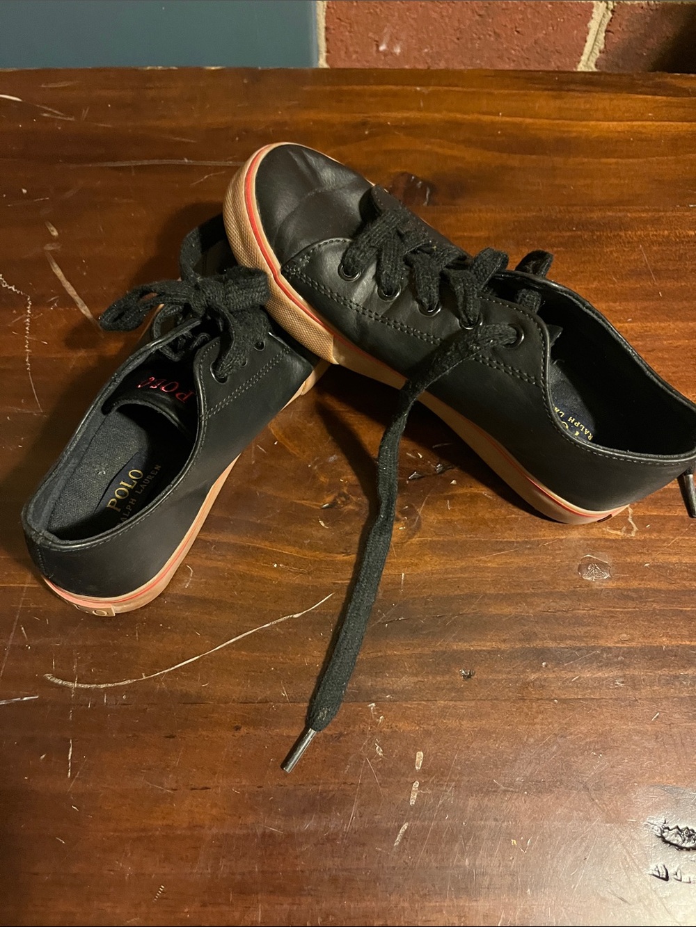Polo by Ralph Lauren Black Kids Low-Top Lace-Up Sneakers with Tan Trim